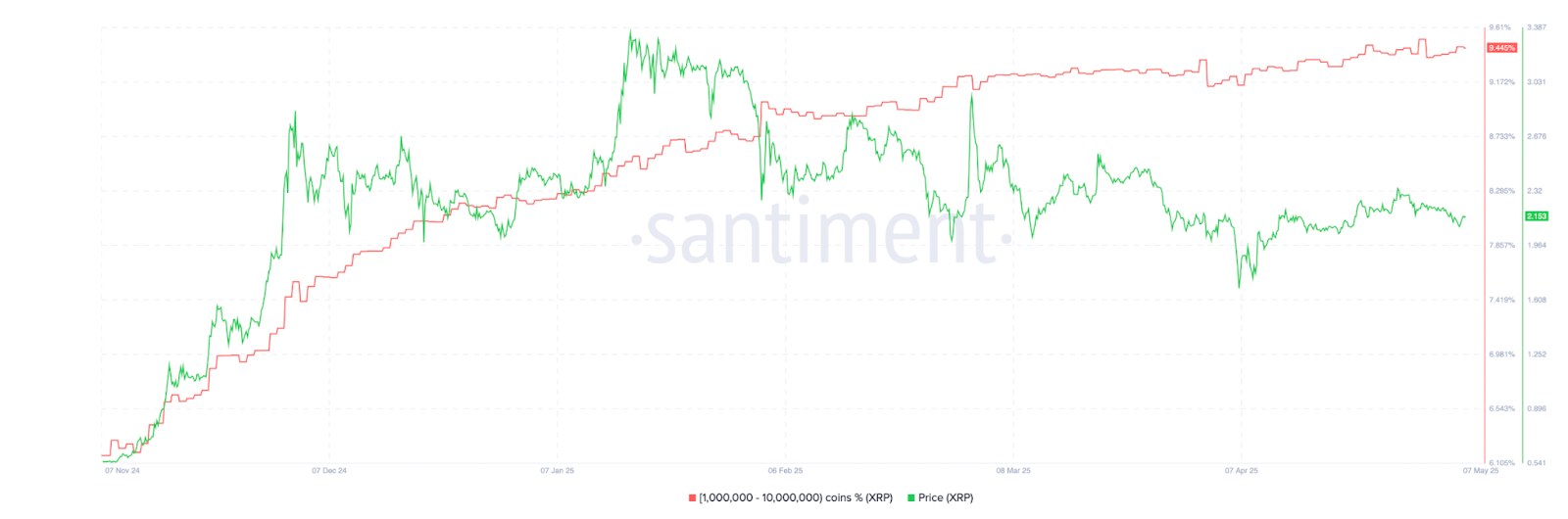 เปอร์เซ็นต์ของบัญชีที่ถือครองเหรียญ XRP ในช่วงระหว่าง 1 ล้านถึง 100 ล้านเหรียญ ( ที่มา : Santiment )