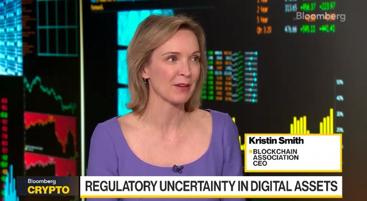 <i>Kristin Smith ระหว่างการสัมภาษณ์<br>รูปภาพ: Bloomberg Crypto</i>