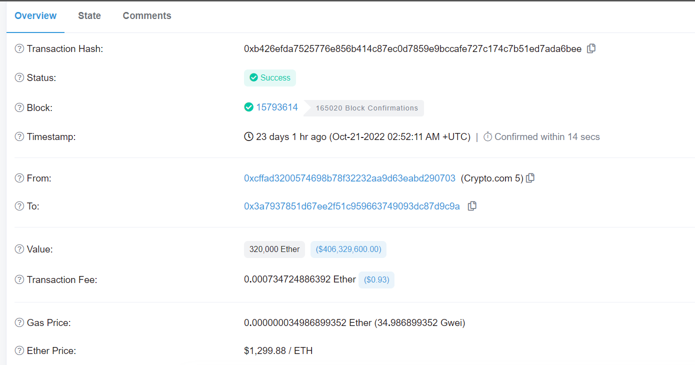 ข้อมูลเครือข่ายยืนยันการโอน 320,000 ETH จาก Crypto.com ไปยัง Gate.io ที่มา: อีเธอร์สแกน