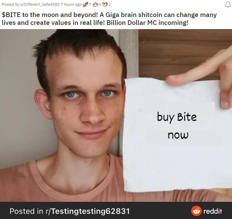 <i>ภาพตัดต่อ Vitalik Buterin ถือกระดาษที่เขียนว่า&nbsp;“ซื้อ BITE เดี๋ยวนี้”<br></i>