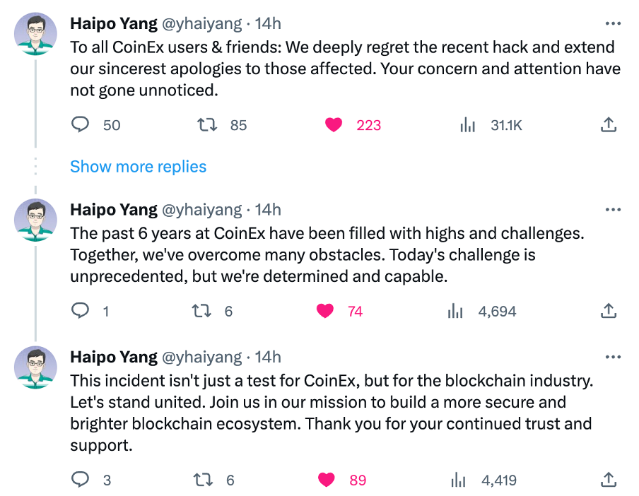 Haipo Yang ผู้ก่อตั้ง CoinEx ทวีตขอโทษผู้ใช้งาน