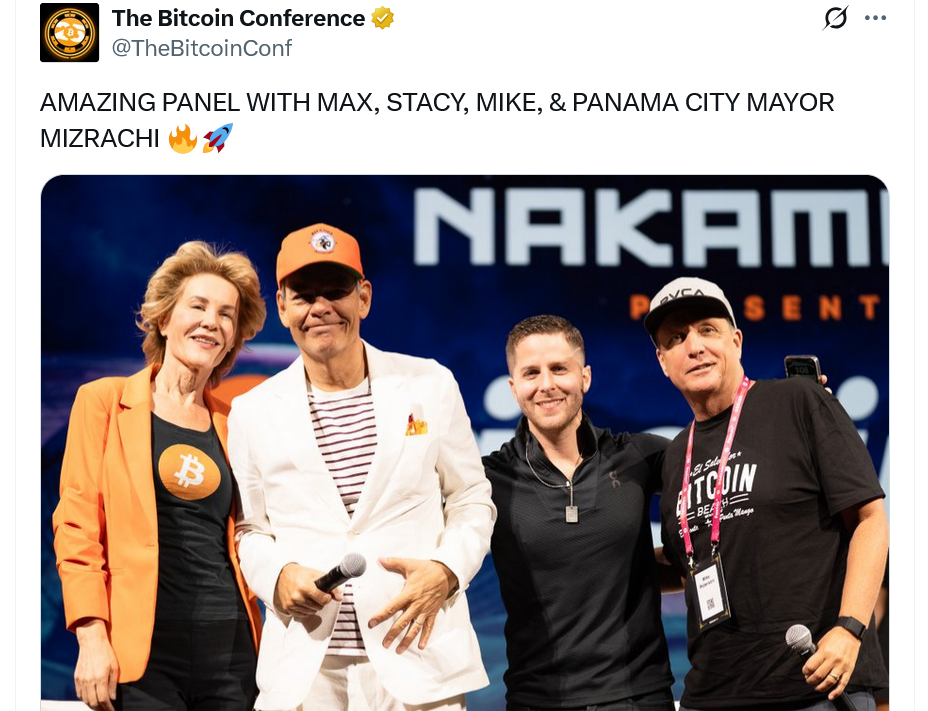 Mayer Mizrachi (คนที่่ 3 นับจากซ้าย) บนเวทีในการประชุม Bitcoin 2025 ( ที่มา :&nbsp;The Bitcoin Conference )