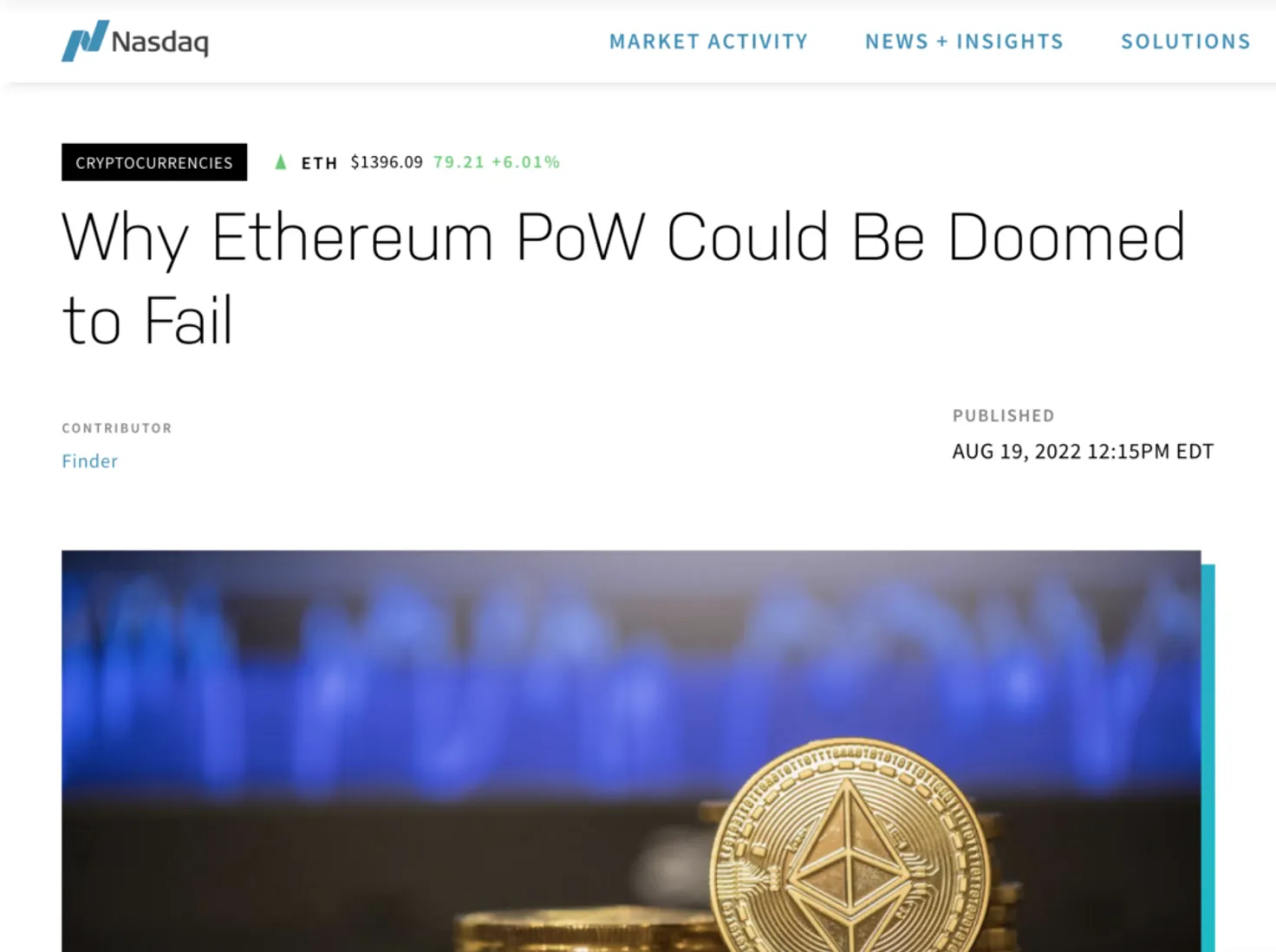 NASDAQ เผยแพร่บทความ "Why Ethereum PoW Could Be Doomed"