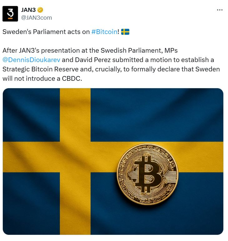 สองสมาชิกสภาผู้แทนราษฎร เสนอให้รัฐบาลสวีเดนพิจารณาจัดตั้งกองทุนสำรอง Bitcoin ( ที่มา : Jan3 )