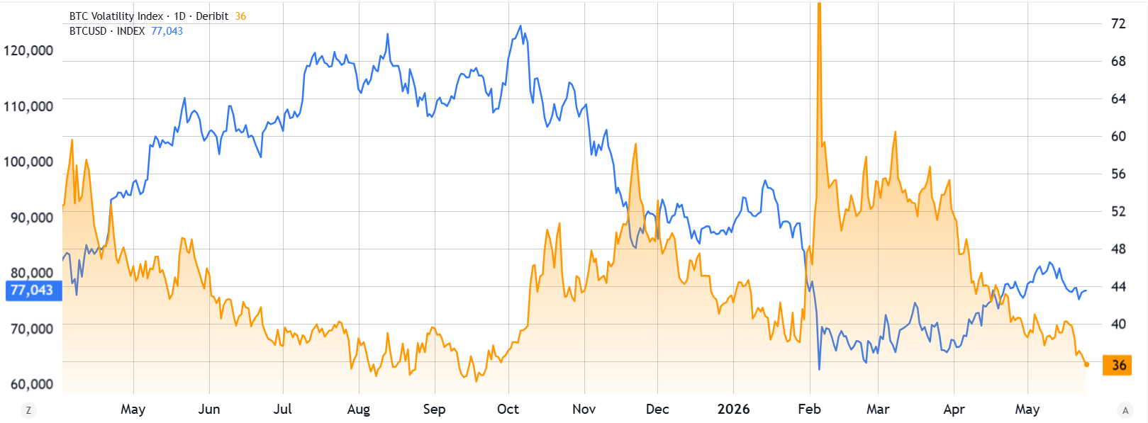 กราฟเปรียบเทียบราคา Bitcoin กับดัชนีความผันผวน Deribit Bitcoin Volatility Index ( ที่มา : TradingView )