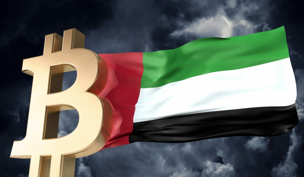 Gold Bitcoin Cryptocurrency With a Waving Uae Flag 3D Rendering Stockpack Deposit Photos Scaled 1 1024x598.jpeg