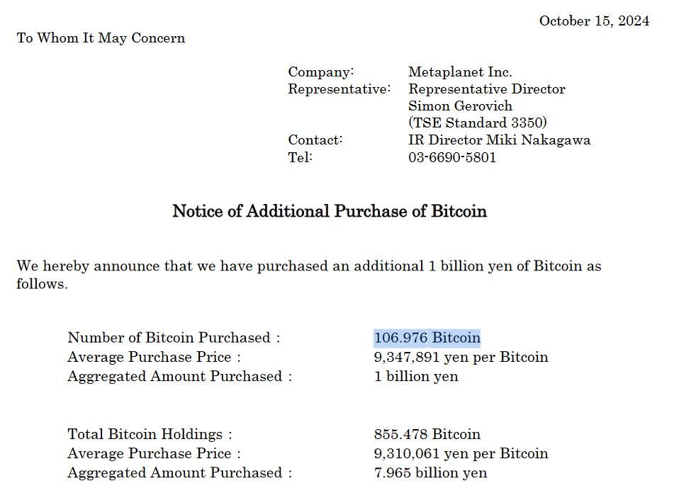 ประกาศการซื้อ Bitcoin ครั้งล่าสุดของ Metaplanet ( ที่มา :&nbsp;Metaplanet )