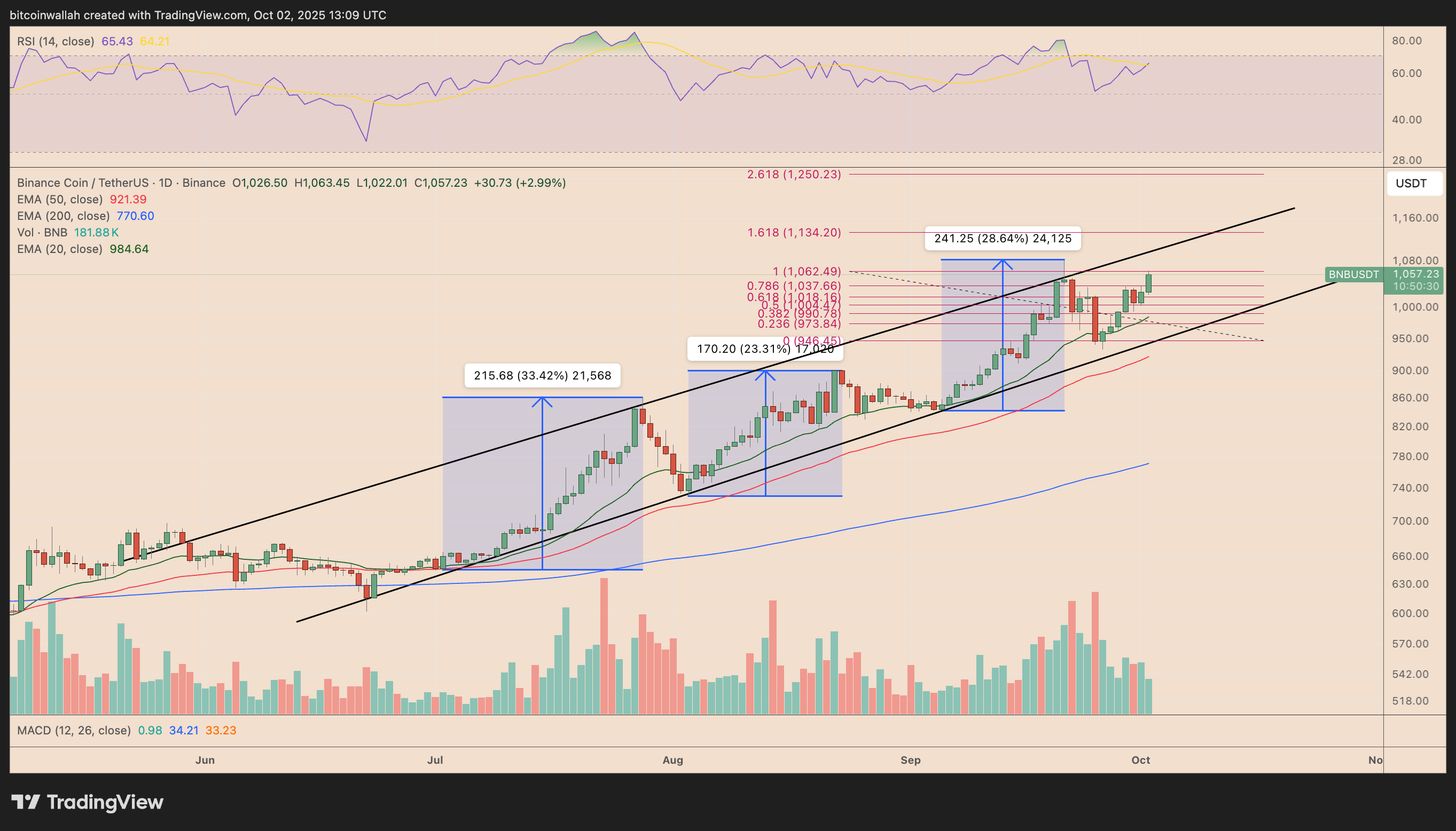 การวิเคราะห์บนกราฟ&nbsp;BNB/USD รายวัน ( ที่มา :&nbsp;TradingView )