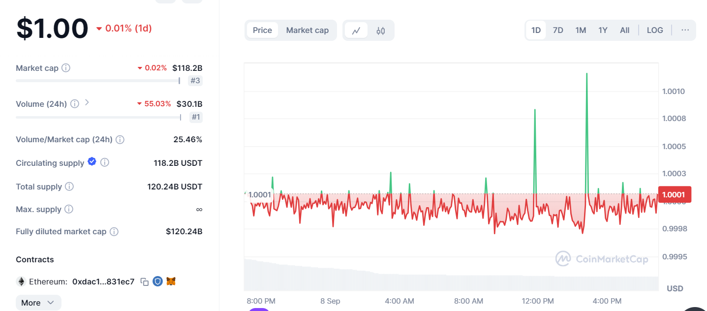 ข้อมูลเบื้องต้นของเหรียญ USDT ในปัจจุับน ( ที่มา : Coinmarketcap )