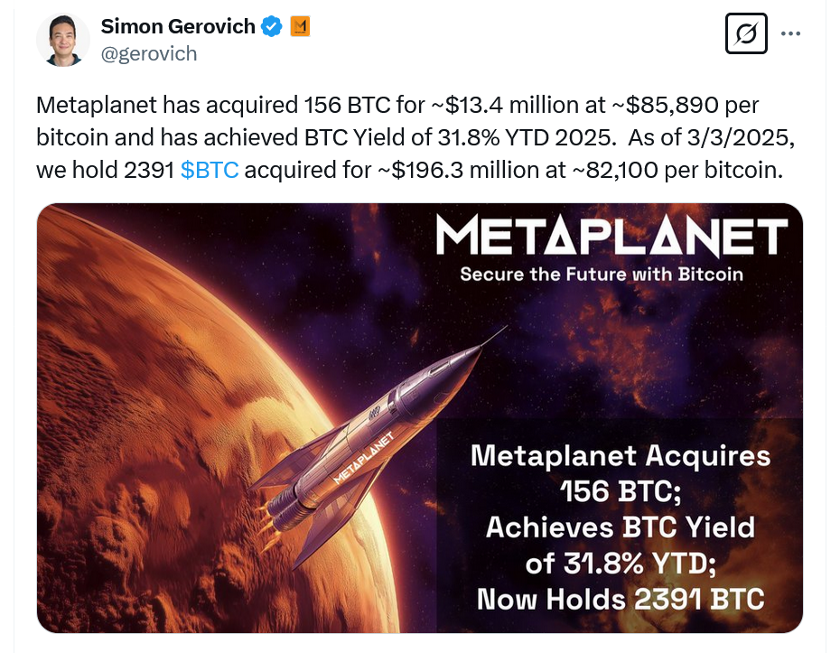 ประกาศการเข้าซื้อของ Metaplanet ( ที่มา : Simon Gerovich )