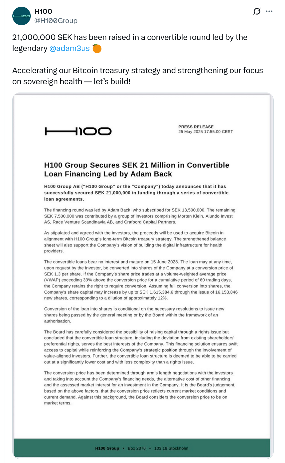 การประกาศของบริษัท H100 Group เกี่ยวกับการระดมทุนครั้งใหม่ ( ที่มา :&nbsp;H100 )