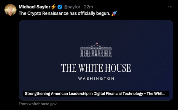 ความเห็นของ Michael Saylor เกี่ยวกับการลงนามคำสั่งพิเศษ Crypto ของประธานาธิบดี Trump ( ที่มา : Michael Saylor )