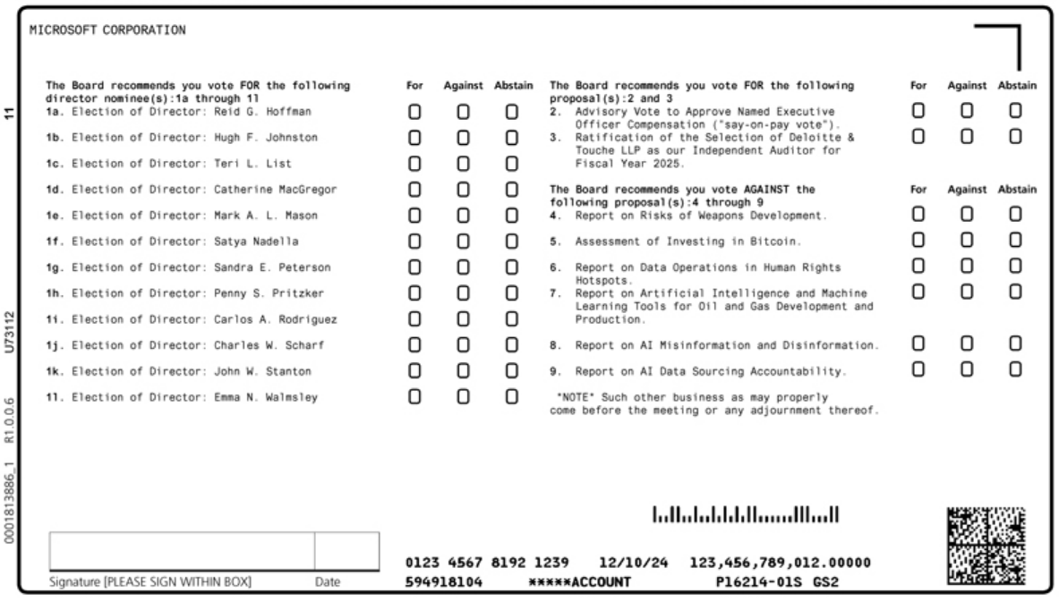รายการที่ 5 ระบุว่า คณะกรรมการของ Microsoft แนะนำให้ผู้ถือหุ้นลงคะแนนเสียงคัดค้านการลงทุนใน Bitcoin ( ที่มา : Securities and Exchange Commission )