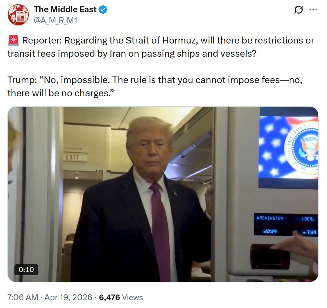 Trump ระบุว่าจะไม่อนุญาตให้อิหร่านเรียกเก็บค่าผ่านทางจากเรือที่แล่นผ่านช่องแคบฮอร์มุซ ( ที่มา :&nbsp;The Middle East )