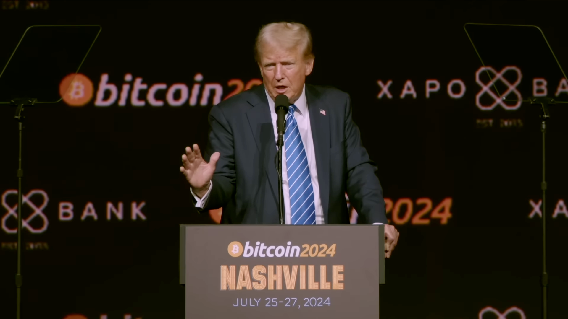 Trump กล่าวในงานประชุม Bitcoin 2024 เมื่อเดือนกรกฎาคม โดยสัญญาว่าจะผลักดันให้สหรัฐฯ เป็น "เมืองหลวงด้านคริปโต" ของโลก ( ที่มา : YouTube )