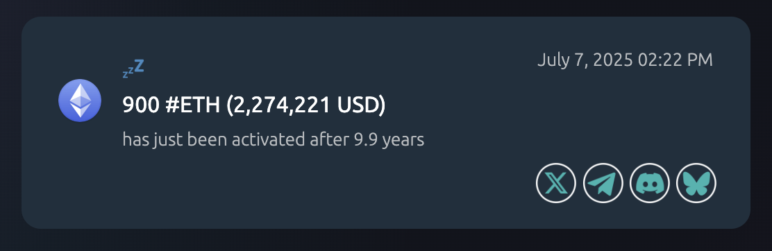 มีการโอน 900 ETH หลังจากไม่มีการเคลื่อนไหวเกือบ 1 ทศวรรษ ( ที่มา :&nbsp;Whale Alert )
