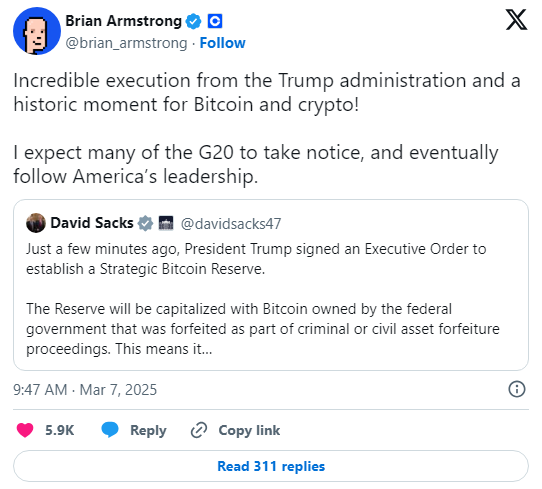 โพสต์ของ CEO Coinbase ( ที่มา : Brian Armstrong )