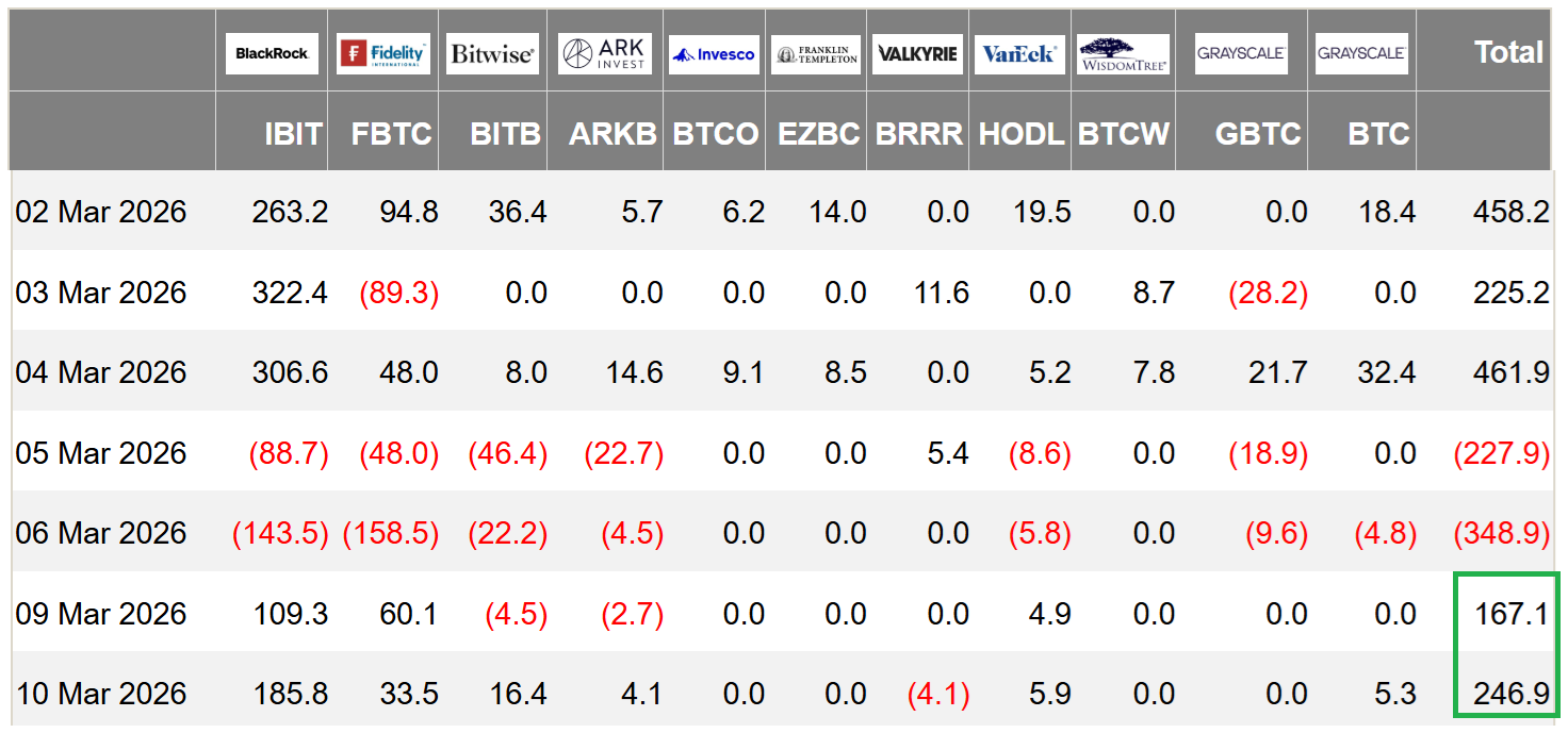 &nbsp; กระแสเงินไหลเข้า–ออกสุทธิรายวันของกองทุน Bitcoin ETF ในสหรัฐ ( ที่มา : Farside Investors )&nbsp;&nbsp;
