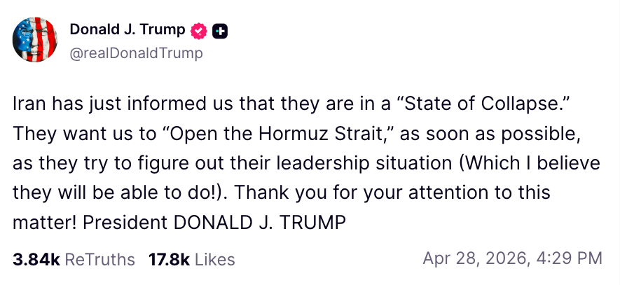 โพสต์จาก Donald Trump ( ที่มา :&nbsp;Truth Social )