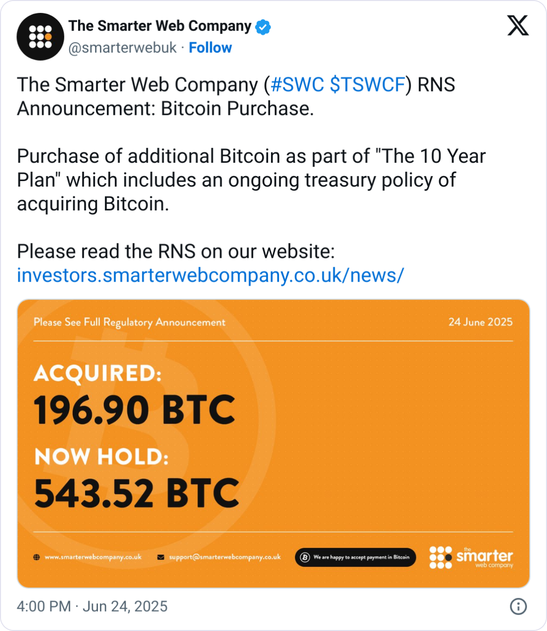 ประกาศจากทางบริษัท ( ที่มา :&nbsp;The Smarter Web Company )