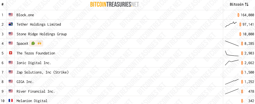 ข้อมูลจาก BitcoinTreasuries.NET แสดงให้เห็นว่า SpaceX ถือครอง Bitcoin เพียง 8,285 เหรียญในงบดุล ( ที่มา : BitcoinTreasuries.NET )