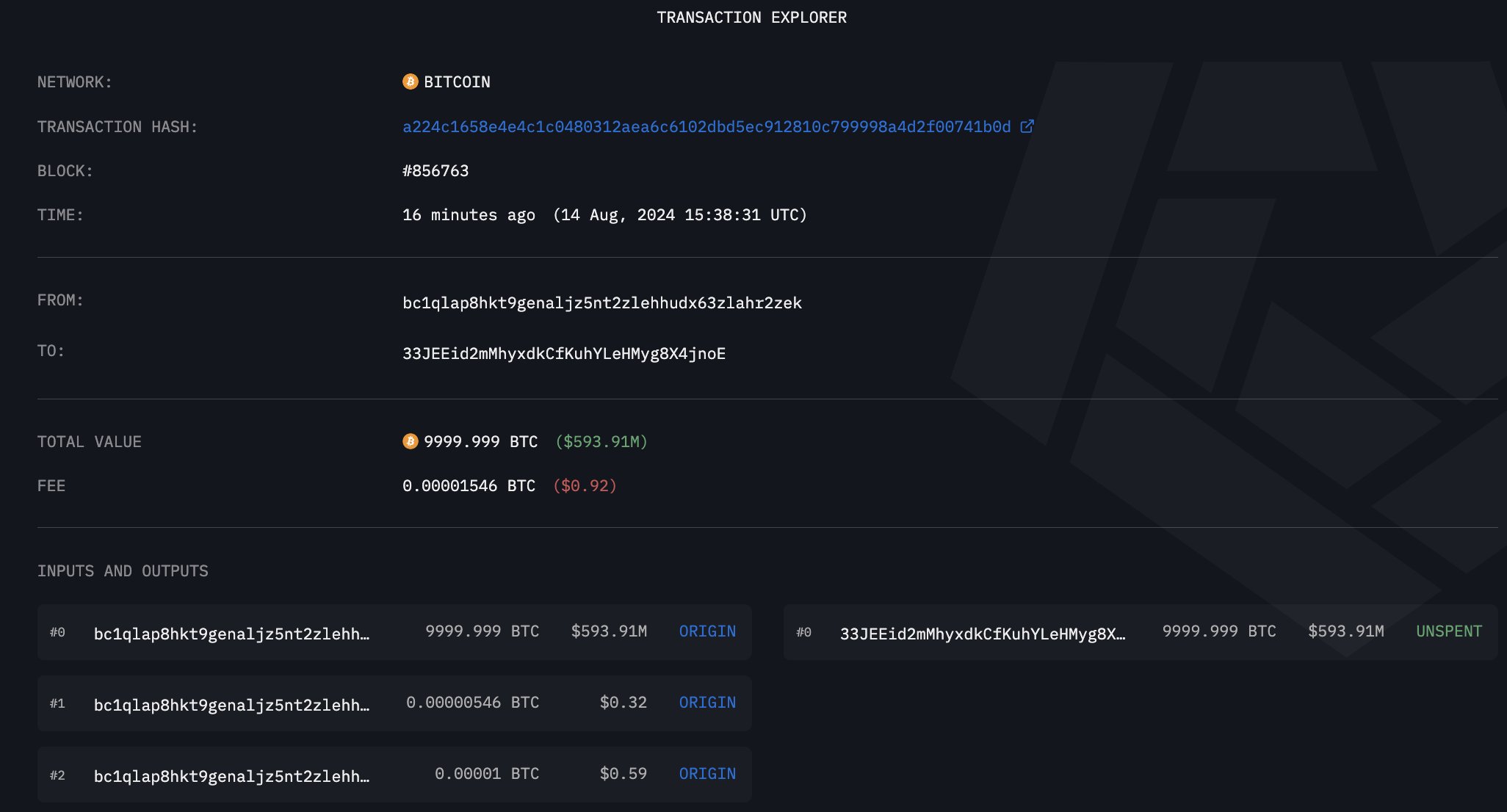 ประวัติการโอน Bitcoin จากรัฐบาลสหรัฐฯ สู่&nbsp;Coinbase Prime ( ที่มา :&nbsp;Arkham)