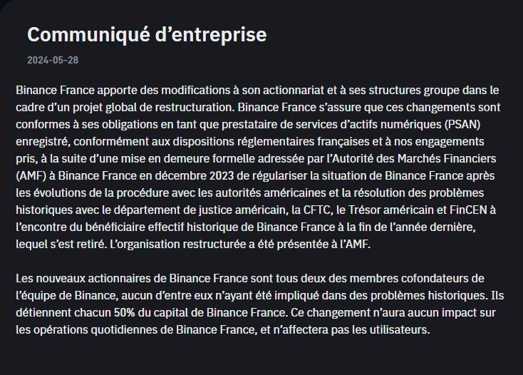 <i>ประกาศจาก Binance France<br>รูปภาพ: Binance France</i>