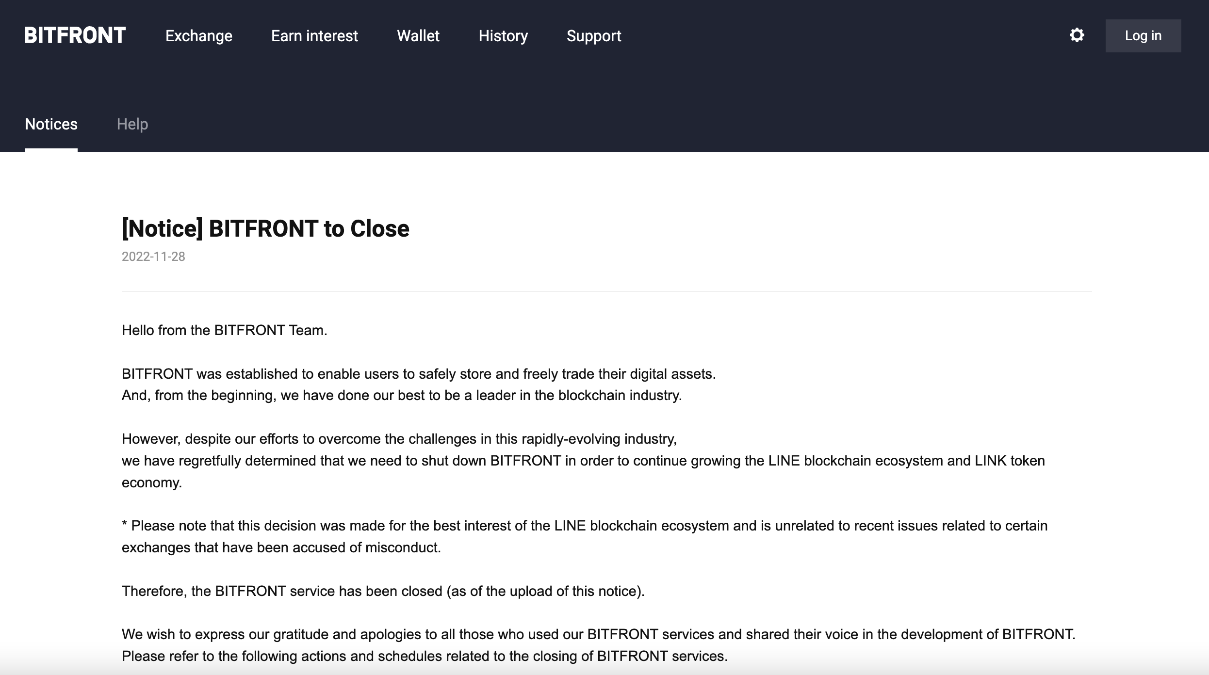 ประกาศปิดบริการจาก Bitfront