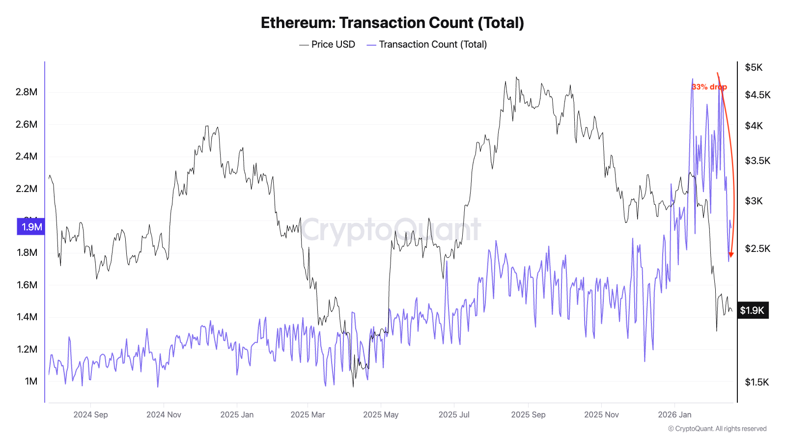 ปริมาณธุรกรรมรายวันบนเครือข่ายของ Ethereum ( ที่มา : CryptoQuant )