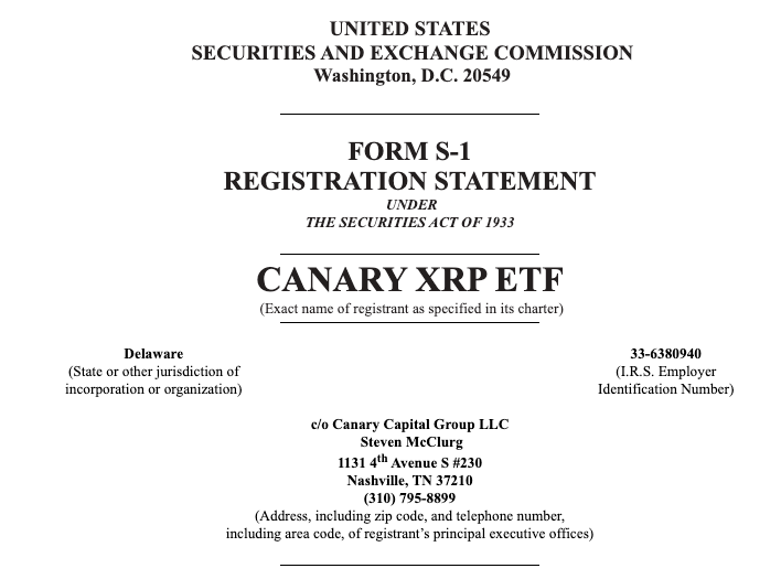 เอกสาร S-1 ของ&nbsp;Canary เพื่อยืนของจัดตั้งกองทุน ETF ( ที่มา : SEC )