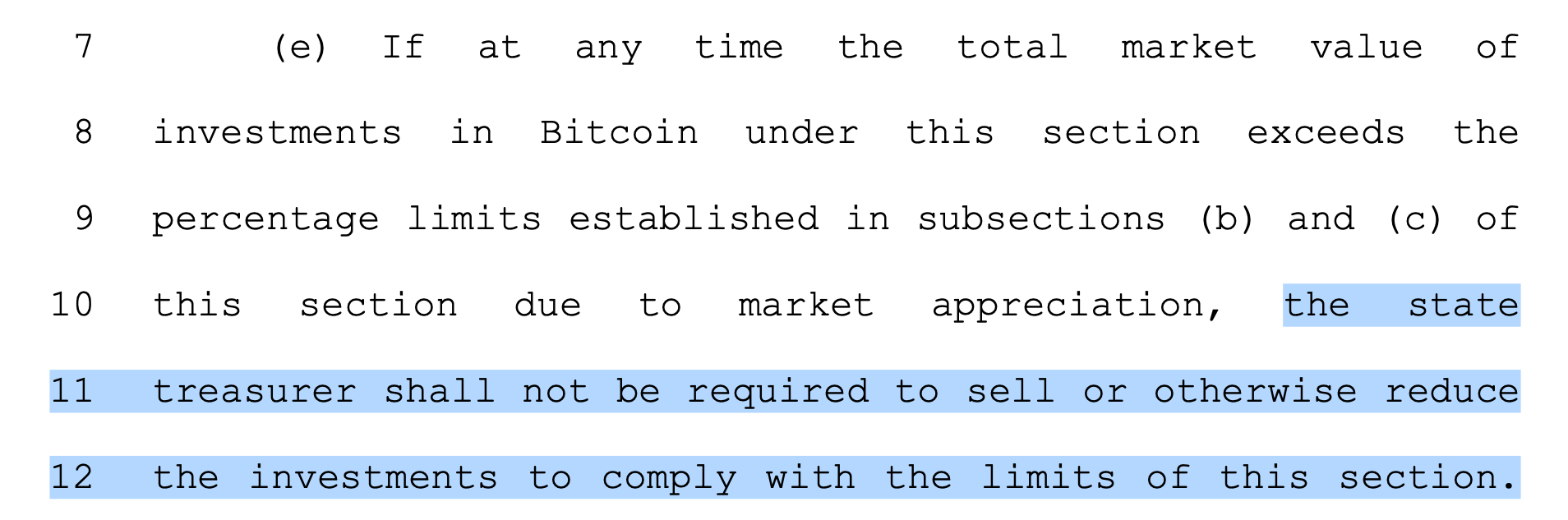 ร่างกฎหมายระบุว่า หากมูลค่าการลงทุนใน Bitcoin เกิน 3% จะไม่มีการบังคับให้ขายเพื่อรักษาสัดส่วนการลงทุนให้อยู่ในเกณฑ์จำกัดที่กำหนด