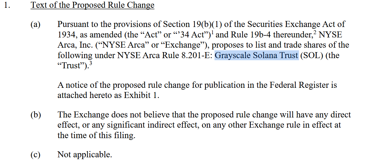 ส่วนหนึ่งเอกสาร 19b-4 ของ Grayscale เพื่อขออนุมัติ Spot Solana ETF ( ที่มา : NYSE )